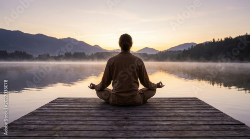 Meditation mental health mindfulness relaxation concept with person sitting on wooden dock by calm lake at sunrise surrounded by mountain nature for peaceful and mindful moment