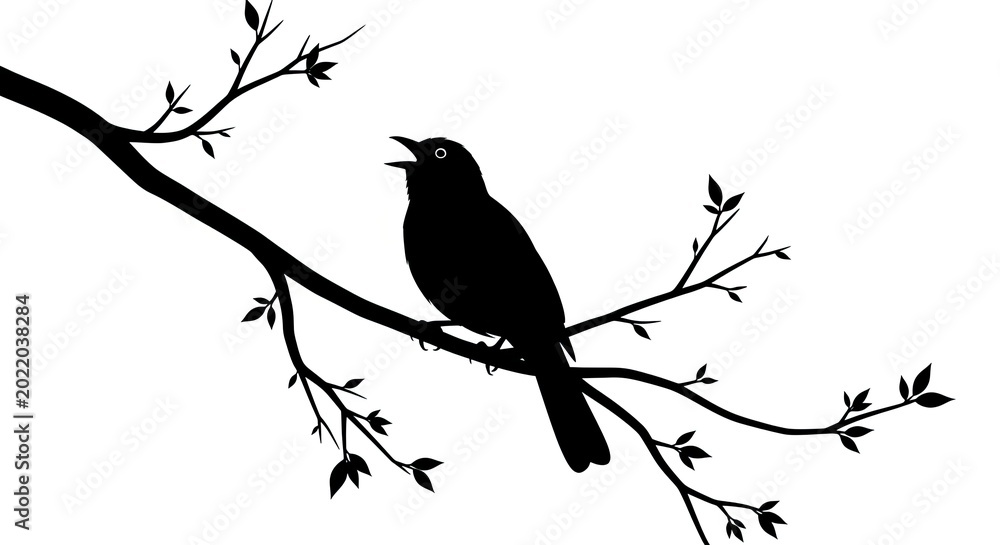 Obraz premium Bird silhouette perched on branch with leaves black and white illustration
