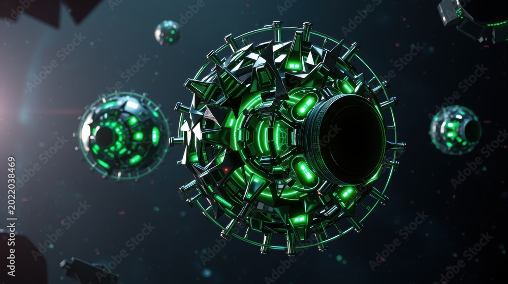 Fototapeta premium Futuristic spheres float amid dark space. Complex metallic structures glow vibrant green. Mysterious technology suggests advanced civilization.