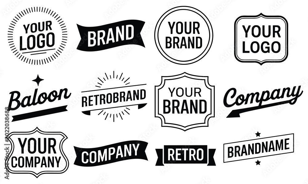 Obraz premium Twelve professional retro logo badges and vintage labels arranged on a bright white background for classic brand design.