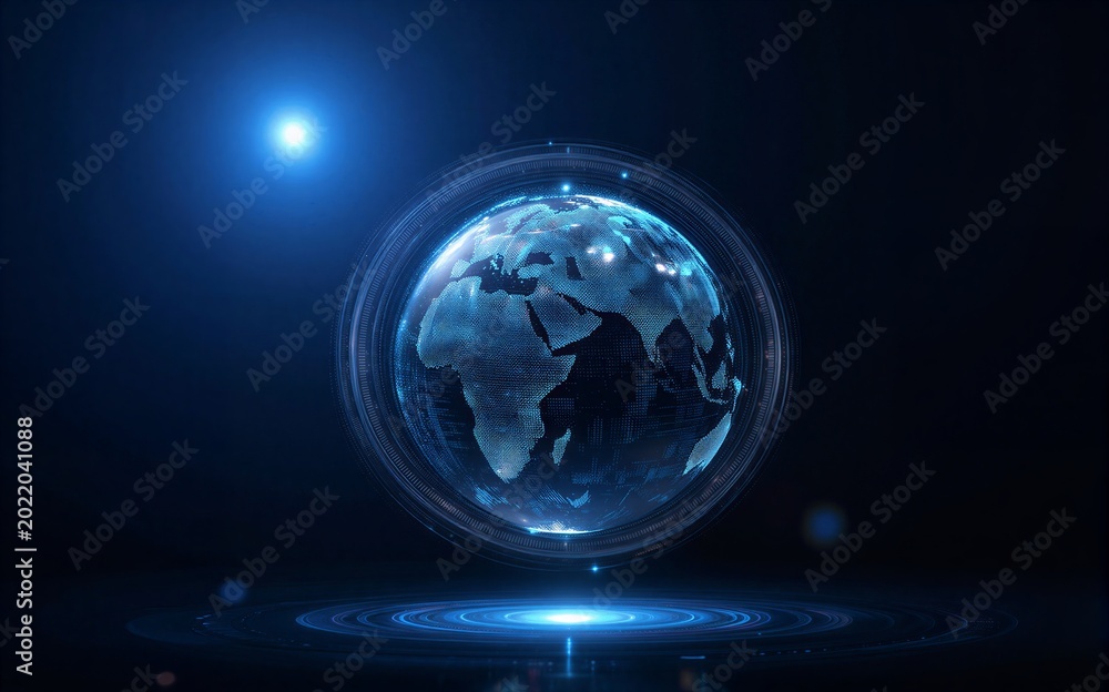 Fototapeta premium Digital Earth floats in blue light surrounded by tech circuits and