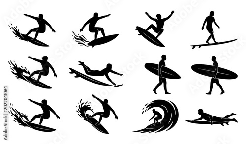 Photography Ocean surfer silhouette vectors with surfboard action poses for beach lifestyle