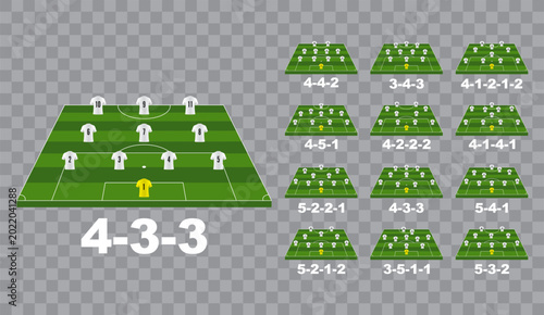Complete collection of football formation vector icons featuring 12 different tactical lineups on green field with player silhouettes and transparent background.