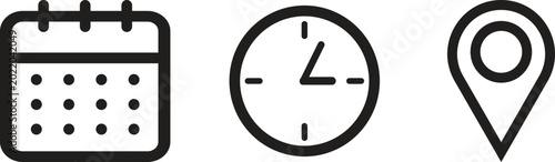 Date, time, location address icon set. Clock, calendar and location icon. symbol. Vector illustration