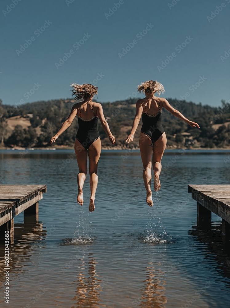 Obraz premium Two women in black swimsuits jumping from wooden docks into a clear blue lake on a sunny day