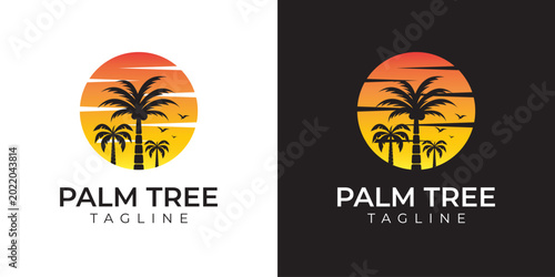 Modern Gradient Tropical Palm Tree Sunset Beach Island Paradise Travel Logo Icon Design Element
