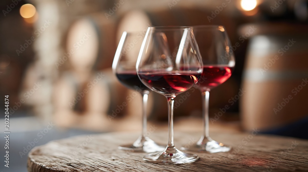 Obraz premium Three elegant wine glasses filled with red wine, displayed in a rustic winery cellar with blurred barrels