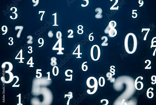 Numeric chaos with white digits and mathematical symbols on navy backdrop.