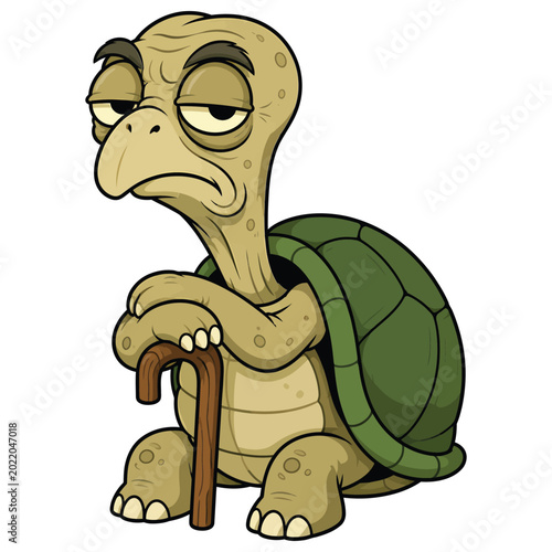 Cartoon illustration of an old grumpy turtle leaning on a wooden cane