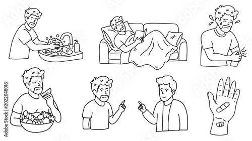 Foto Man feeling unwell and taking medical pill bundle set