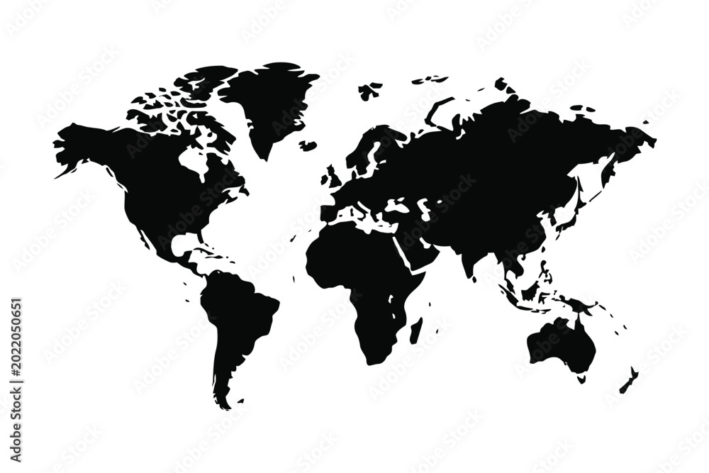 Naklejka premium Black and white world map silhouette showing continents and oceans clearly
