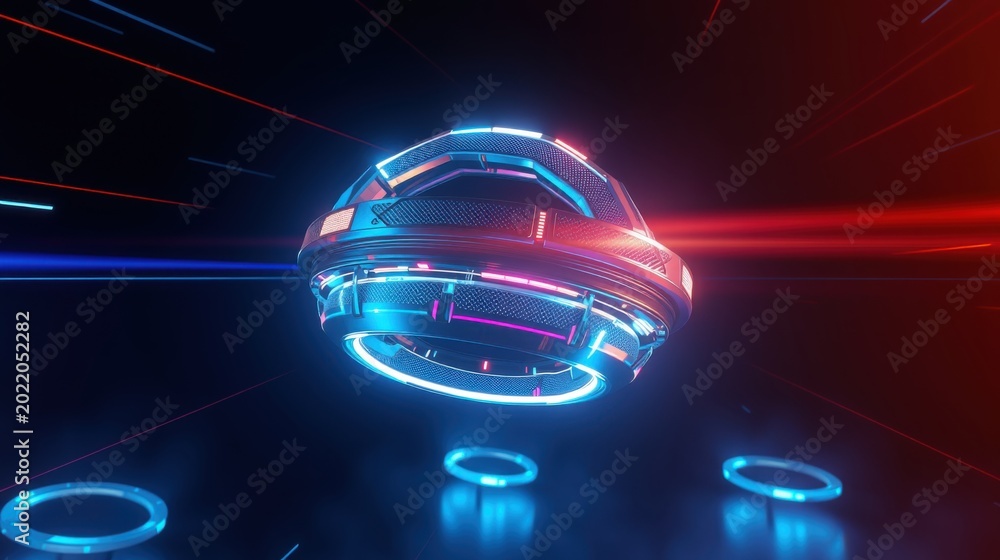 Fototapeta premium Futuristic sphere floats amid glowing lines, dark background. Neon illumination creates dynamic visual effect. Minimalist design.