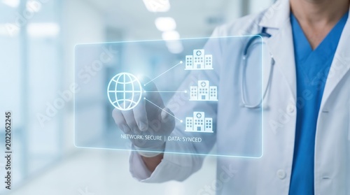 Global Telemedicine and Secure Medical Data Network Concept: Doctor with Holographic Digital Interface