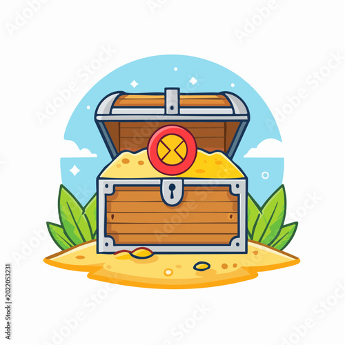 Treasure Chest Filled with Gold Coins on a Sandy Island
