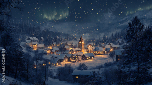 Snowy village glowing under starry night sky with northern lights warmly lit homes and trees