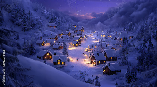 Snowy village glowing under the northern lights at night with warmly lit houses and trees