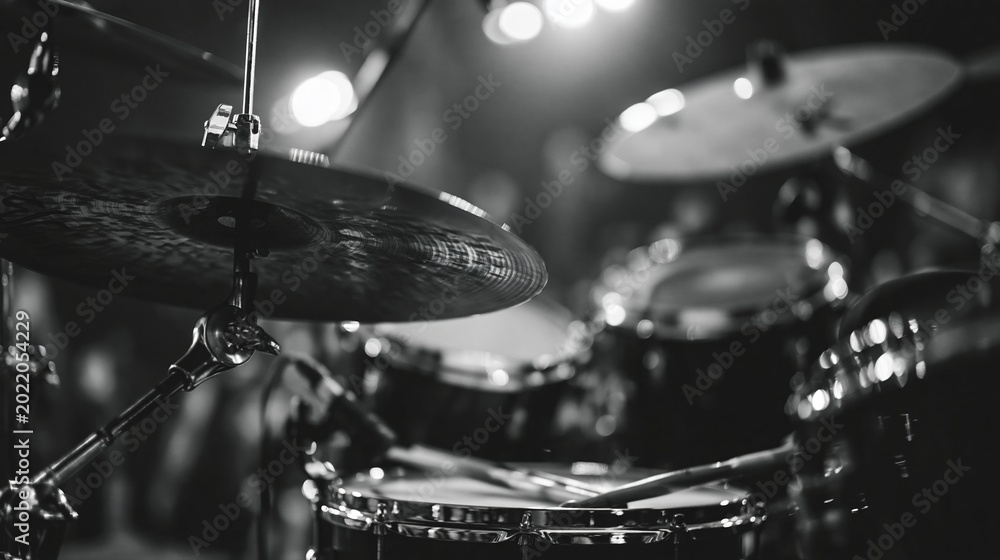 Obraz premium Close-up Black and White Shot of a Drum Kit with Sticks Ready to Play on Snare Drum