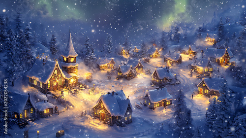 Snowy village glowing under northern lights at dusk with warm house lights