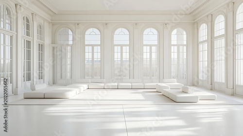 Spacious white living room with modular seating and large windows