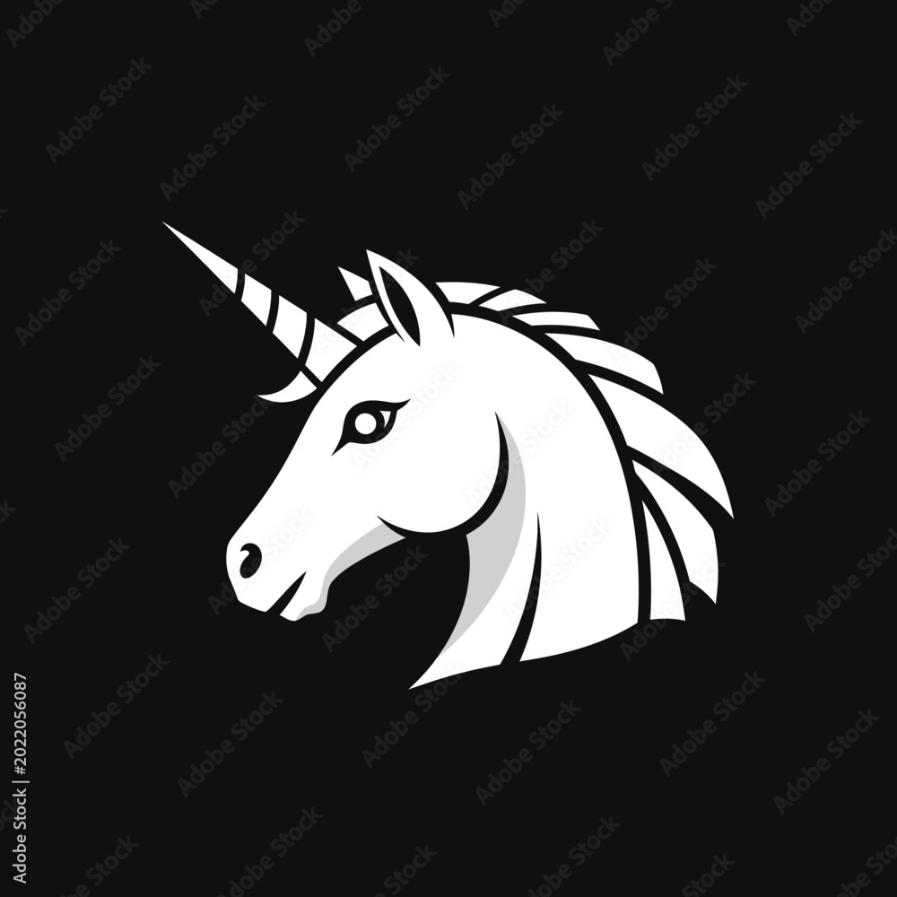 Fototapeta premium Minimalist white unicorn head logo on black background