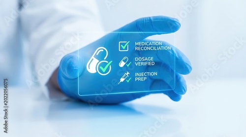Digital Healthcare Innovation Concept: Pharmacist Reviewing Holographic Medication Reconciliation Checklist in Sterile Lab