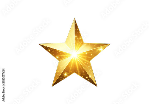 Golden Star With Sparkle And Light Isolated On White Background