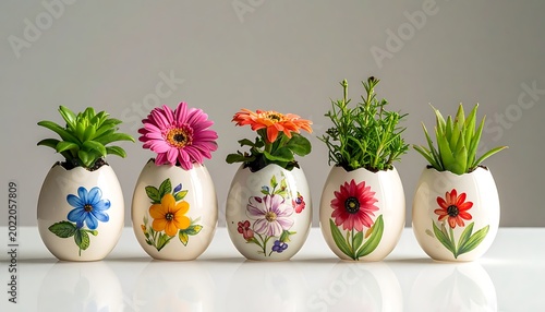 Colorful small potted plants with flowers.