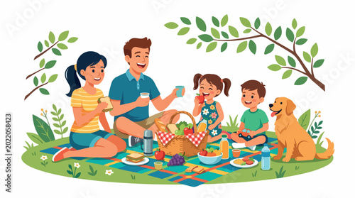 Sunlit outdoor gathering showing a family picnic scene with joyful kids and adults sharing snacks on a sunny leafy lawn