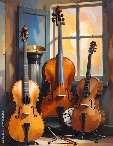 Musical instruments in a room setting.