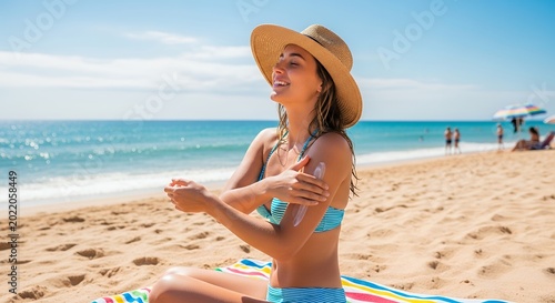 Woman applying sunscreen on beach enjoying summer sun