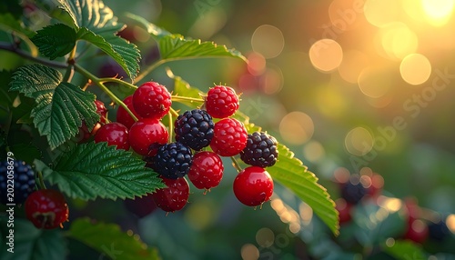 Ripe blackberries on green leafy bush.