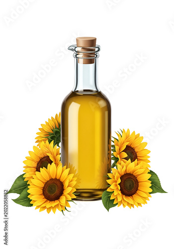 Golden Sunflower Oil Bottle Surrounded by Yellow Sunflowers and Green Leaves Isolated