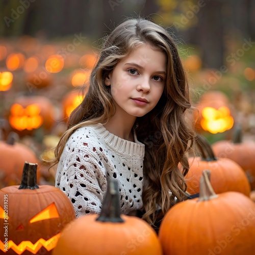 Young girl surrounded by jack-o-lanterns.