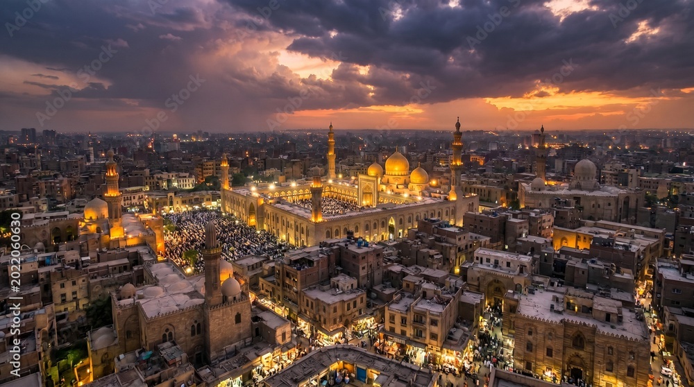 Fototapeta premium Aerial view of illuminated mosque complex at dusk with dramatic sky