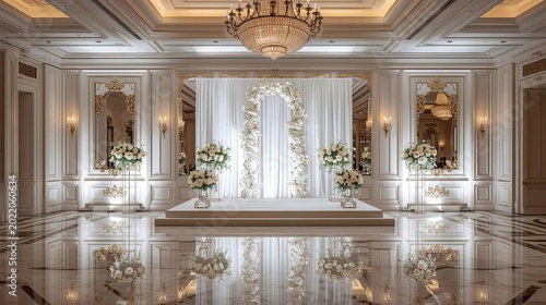 Elegant White Luxury Ballroom with Crystal Chandelier and Wedding Stage