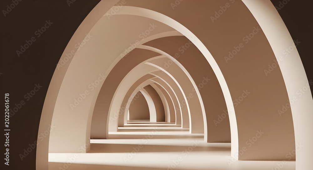 Naklejka premium Series of beige arches forming a tunnel with diminishing sizes and soft lighting creating a minimalist architectural background