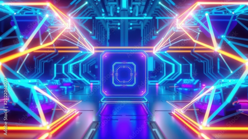 Fototapeta premium Futuristic tunnel glows with vibrant neon lights. Complex geometric patterns create immersive digital space. Symmetry dominates composition.