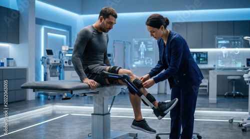 Knee pain surgery options concepts. Man with prosthetic leg being fitted by a medical professional in a high-tech clinical setting.