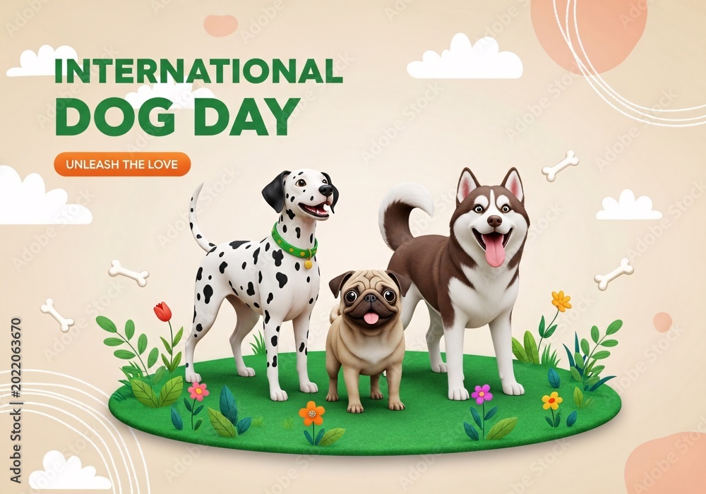 Fototapeta premium Three dogs standing on green grass with flowers and text that reads international dog day