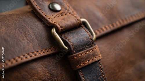 Close-up of a vintage brown leather messenger bag strap with metal buckle and stitching details, showcasing craftsmanship and quality materials in a blurred background