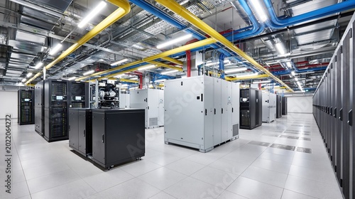 Modern, Clean Data Center Server Room Filled with Rows of Racks and Blinking Lights