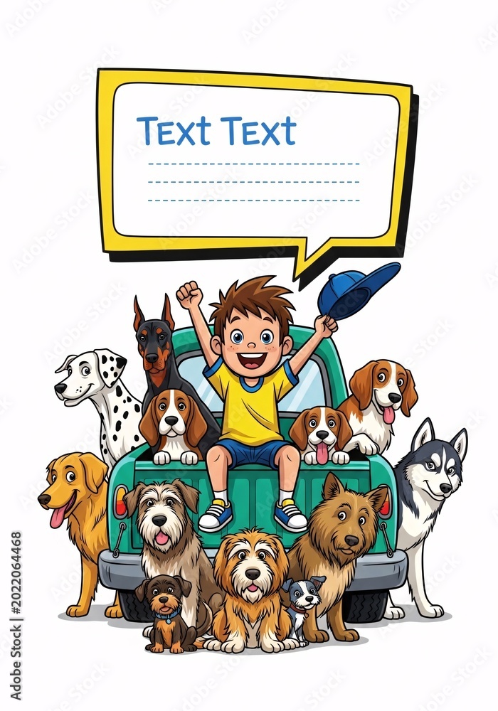 Fototapeta premium A cartoon boy sitting on the back of a green truck surrounded by many happy dogs isolated on white background