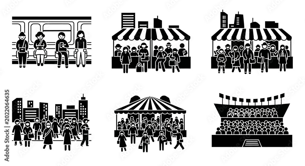 Obraz premium Crowd Scenes: People at Subway, Market, Festival, Stadium - Icon Set