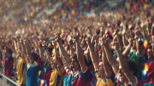 Excited crowd of sports fans cheering and celebrating at a stadium event with raised hands