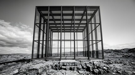 Modern geometric structure on dramatic, desolate landscape under clouds