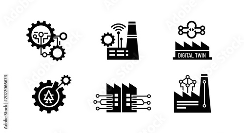 Industry 4.0 Icons: Digital Twin, Smart Factory, Gear Technology, Network Connections