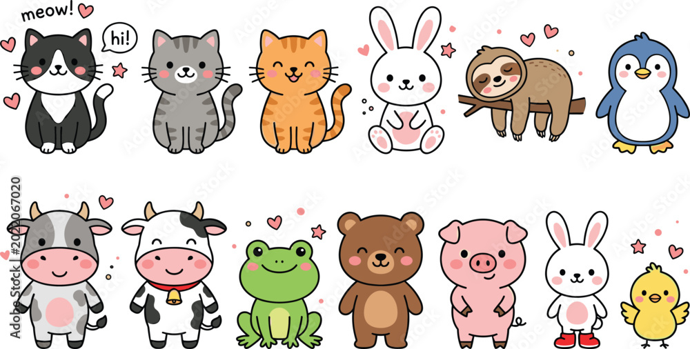 Fototapeta premium Cute Cartoon Animal Character Clipart Set with Happy Kittens Rabbit Sloth Penguin Cows Frog Bear Pig and Little Chick for Kids Sticker Designs