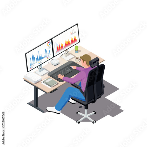 isometric illustration of a young guy behind monitors, working with analytics, statistics on a white background