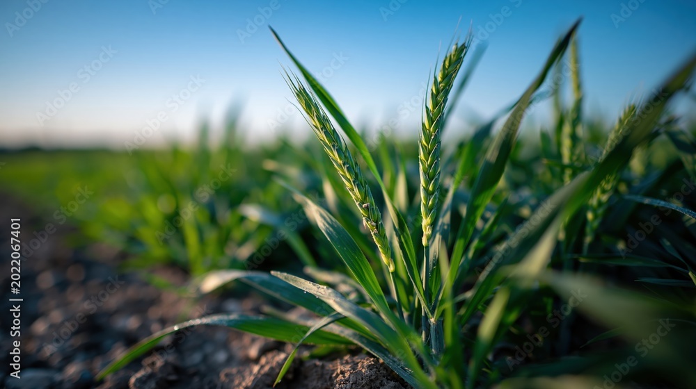 Fototapeta premium Close-up Macro View of Young Wheat Field Growing in Rich Soil Under Clear Blue Sky