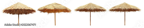 Canvastavla Diverse collection of four tropical straw umbrellas with natural textures, isolated on transparent background